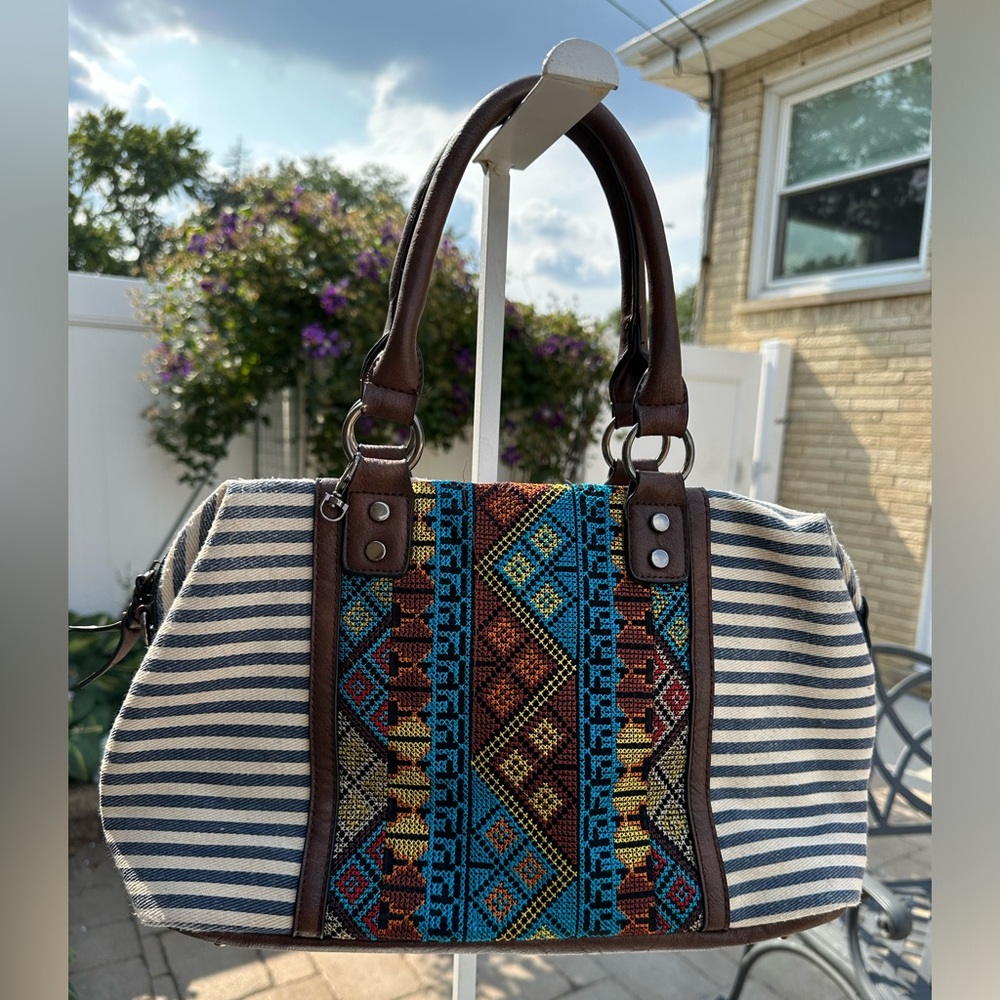 MMS Design Southwestern Boho Aztec & Stripe Embroidered Canvas Handbag Purse
